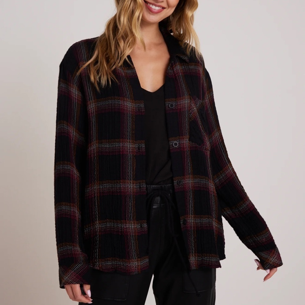 NWT BELLA DAHL Plaid Oversized Shirt w Pocket Crinkle Soft Versatile Luxury XS